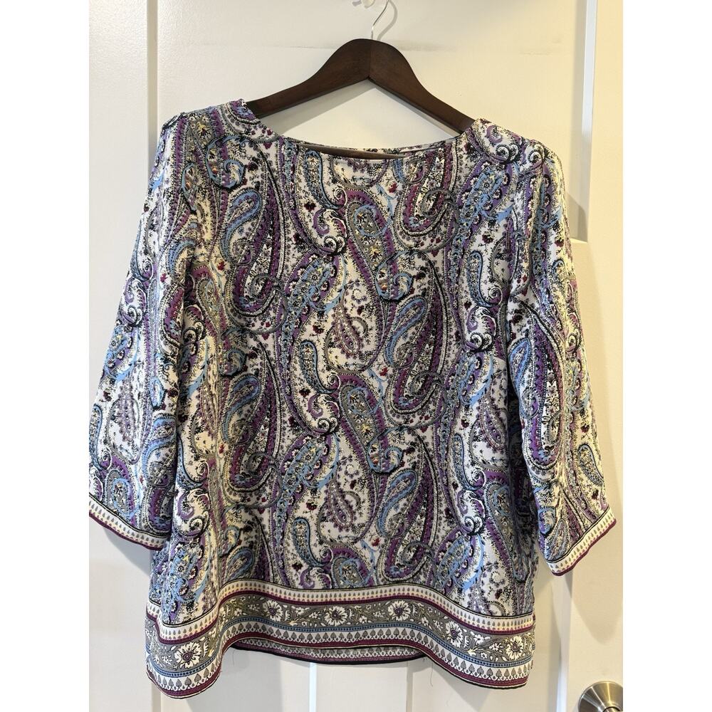 J.Jill Women's Paisley Blouse Petite Large Boat Neck 3/4 Sleeve Coastal Spring